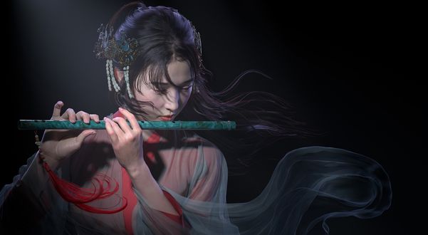 Обои на рабочий стол Девушка с украшениями на голове играет на флейте, by Qi Sheng Luo