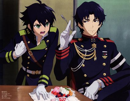 Обои на рабочий стол Yuuichirou Hyakuya / Юичиро Хакуя и Guren Ichinose сидящий с ложкой перед десертом из аниме Owari no Seraph / Последний Серафим, art by Yamato Yamamoto