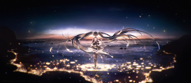 Обои на рабочий стол Vocaloid Hatsune Miku / Вокалоид Хатсунэ Мику со звездами в руках стоит в море