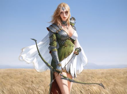 Обои на рабочий стол Девушка-лучник стоит в поле, из игры Black Desert / Черная Пустыня, by face zero