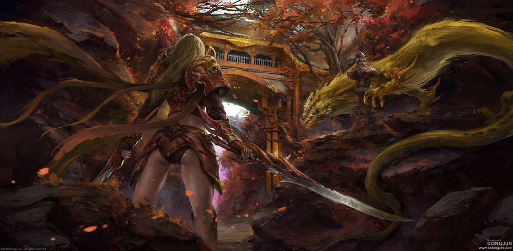 Обои для рабочего стола Девушка Ninjia / Ниндзя и дракон, by Russell Dongjun Lu