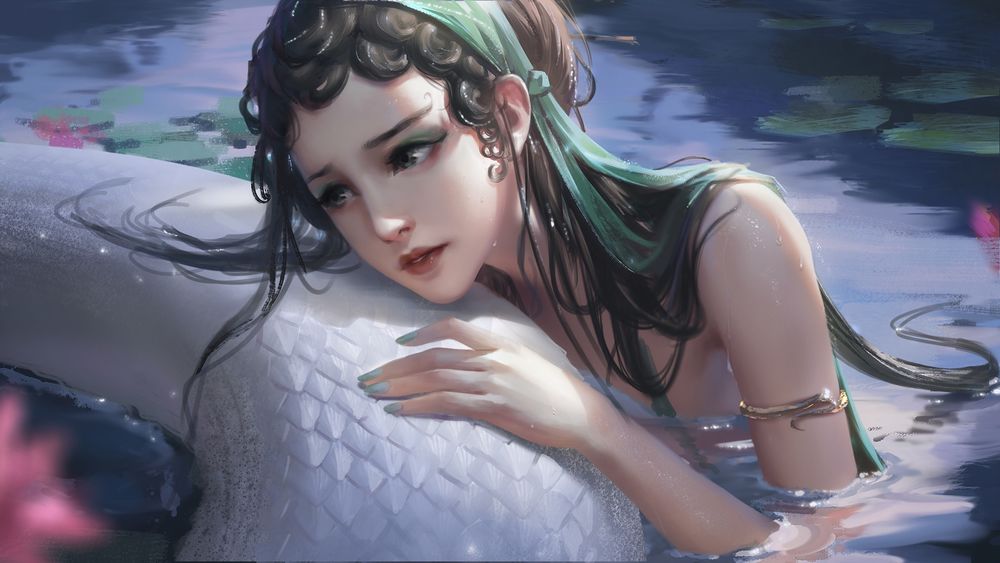 Обои для рабочего стола Девушка лежит в воде, обнимая змею, art by li miao