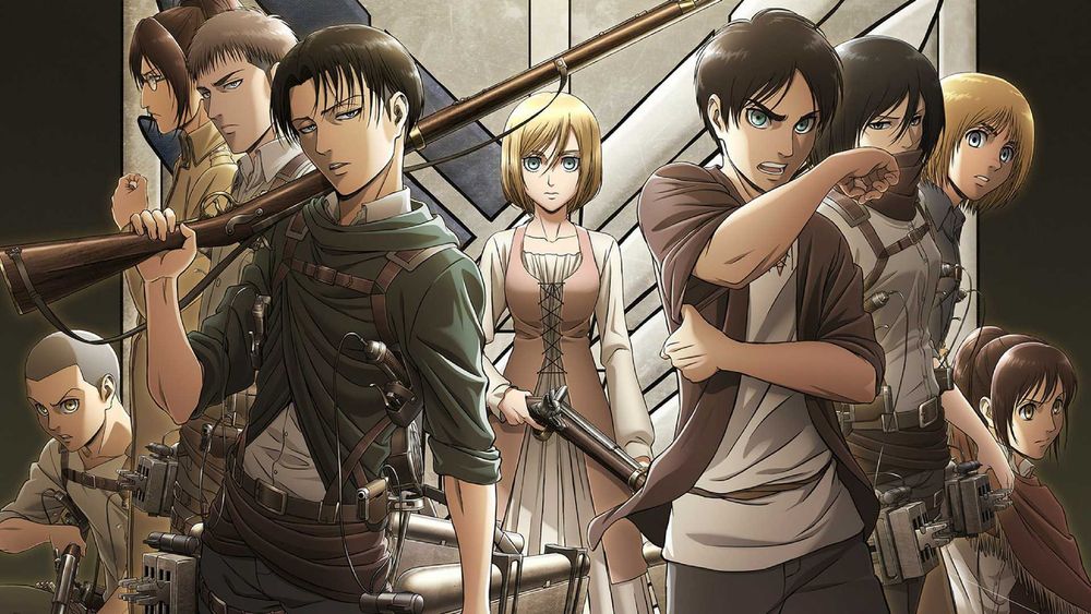 Обои для рабочего стола Леви Райвель / Levi Rivaille, Eren Yeager / Эрен Егер, Mikasa Ackerman, Armin Arlert, Jean Kirschstein, Connie Springer, Sasha Browse и другие персонажи из аниме Атака Титана / Attack on Titan / Shingeki no Kyojin