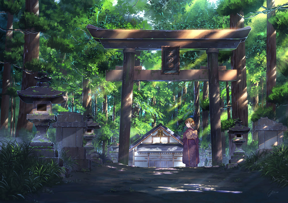 Обои для рабочего стола Девушка, одетая в кимоно, собирается посетить храм. by NIK