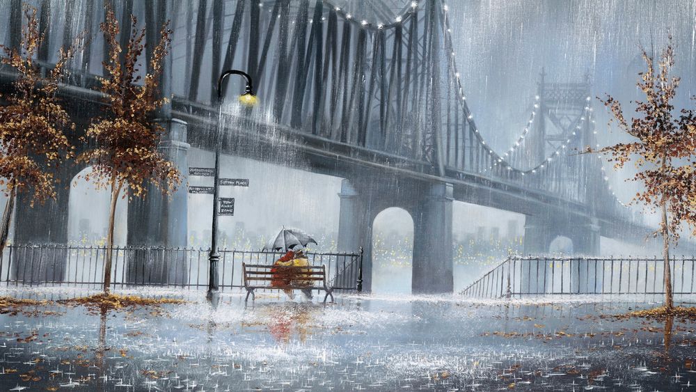 Обои для рабочего стола Влюбленные у моста под дождем, by Jeff Rowland