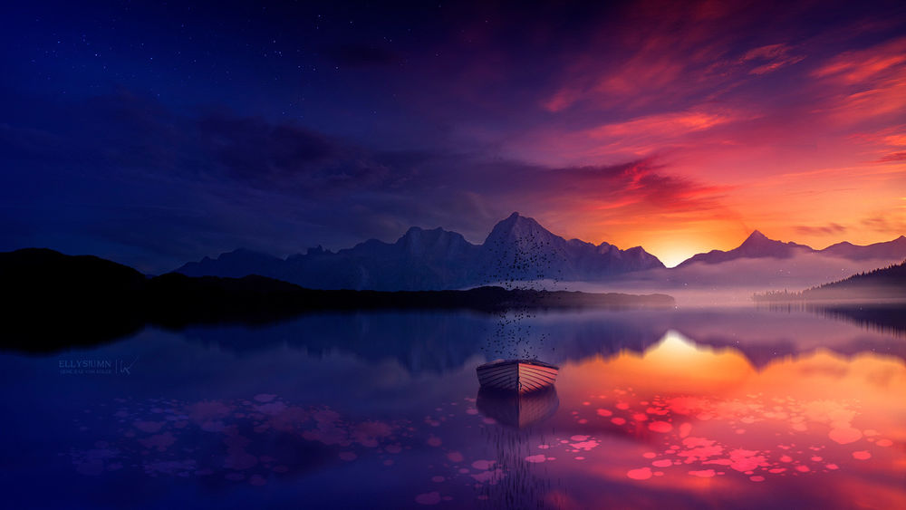 Обои для рабочего стола Лодка на воде под облачным небом, by Gene Raz von Edler