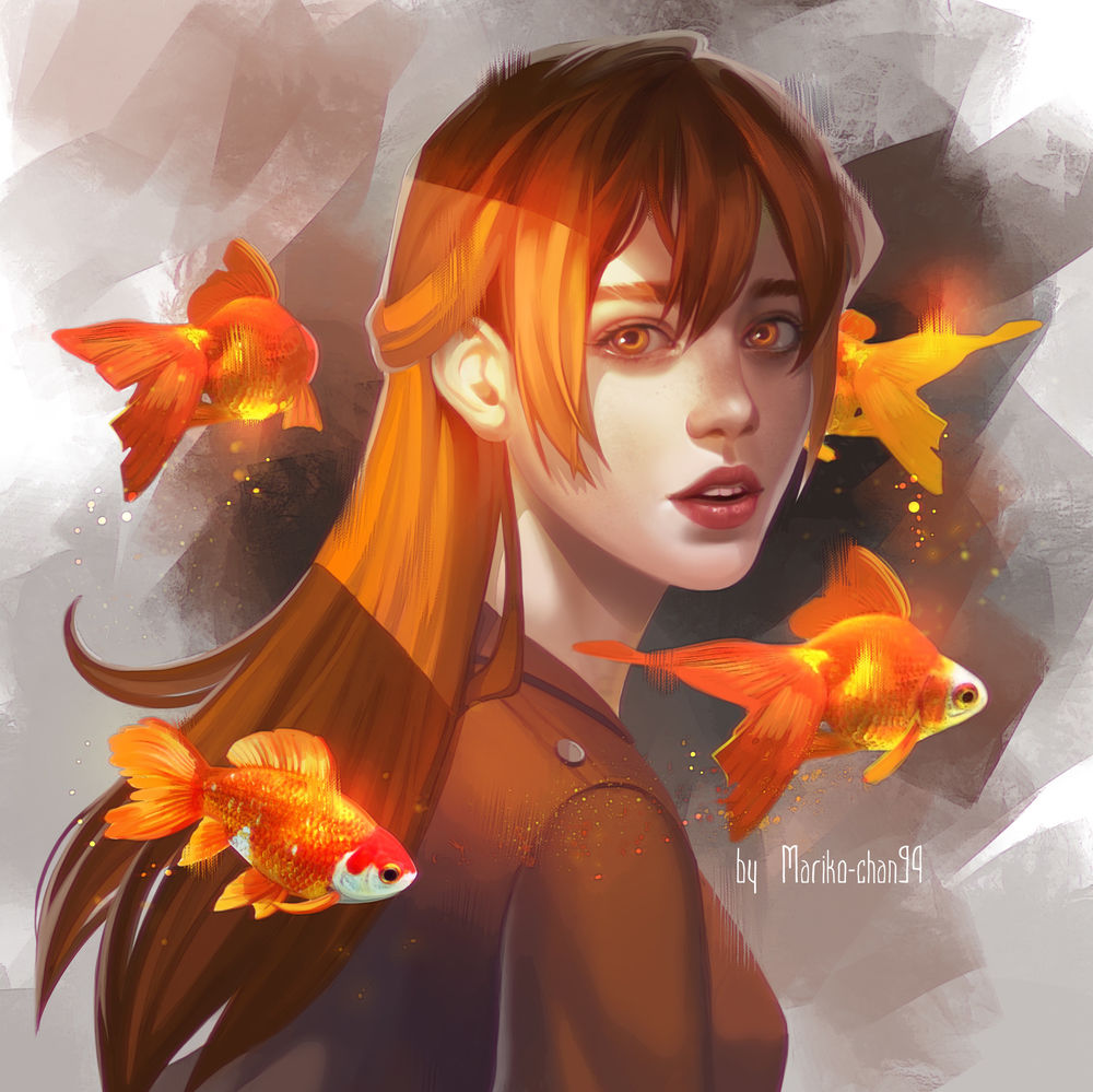 Обои для рабочего стола Девушка в окружении рыб, by Mariko-chan94