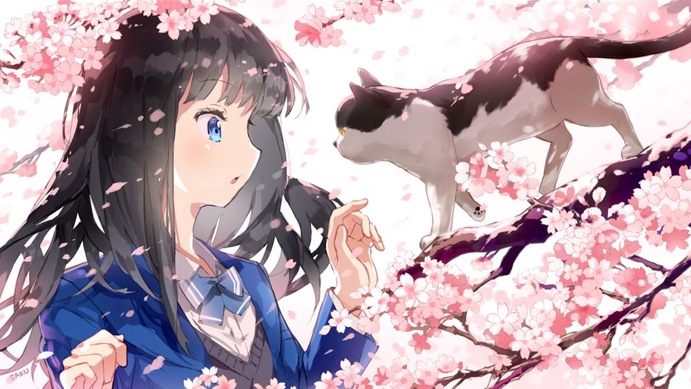 Обои для рабочего стола Голубоглазая девочка смотрит на котенка идущего по ветке цветущей сакуры