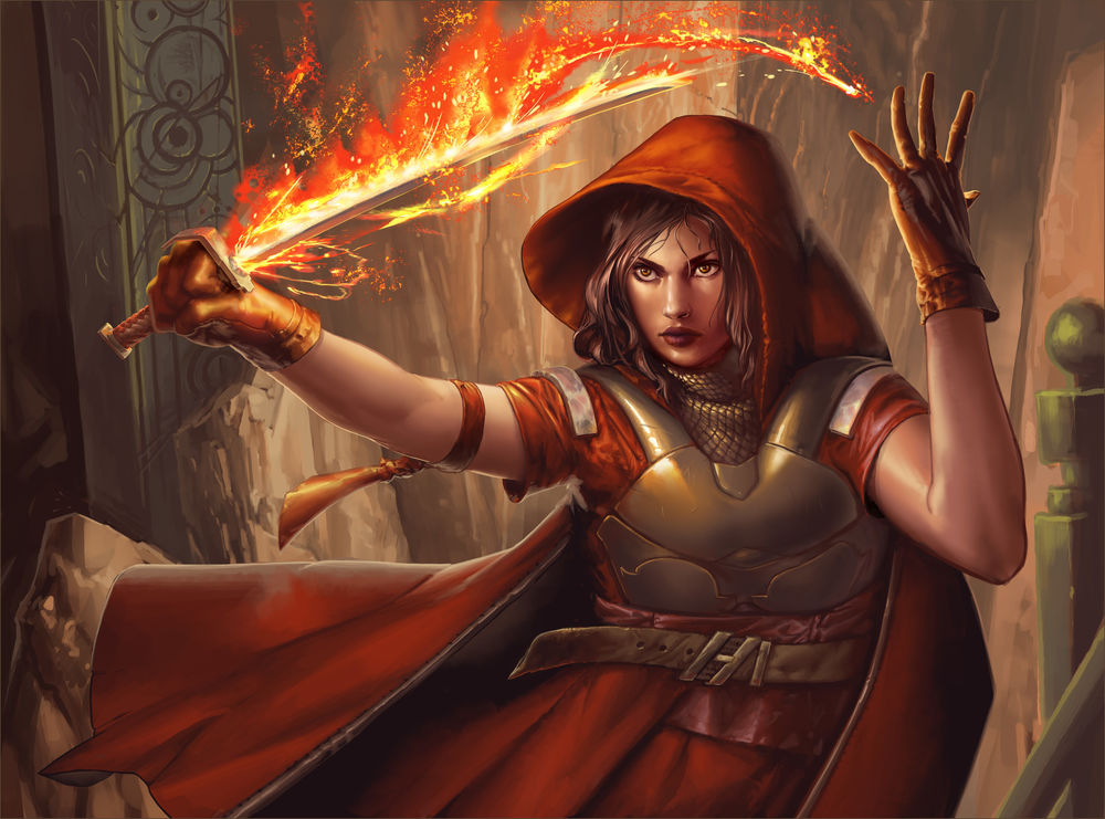 Обои для рабочего стола Девушка-воин с горящим мечом, by Tyler Clark