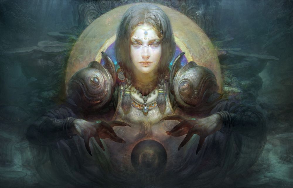 Обои для рабочего стола Ведьма колдует над магическим шаром, by Ruan Jia