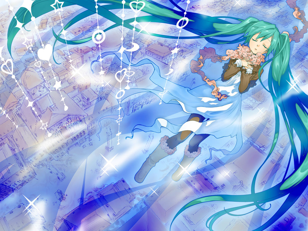 Обои для рабочего стола Vocaloid Hatsune Miku / вокалоид Хатсуне Мику с букетом на голубом фоне, by Junji