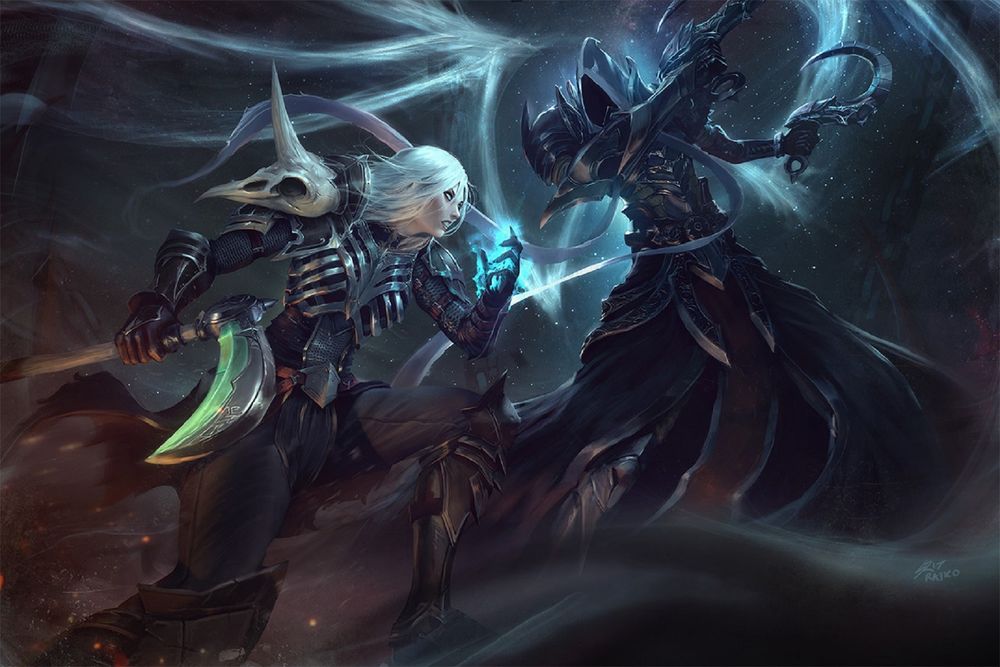 Обои для рабочего стола Necromancer vs Malthael / Некромант против архангела Малтаэля, арт к игре Diablo III: Reaper of Souls / Diablo III:Жнец душ, by by raikoart