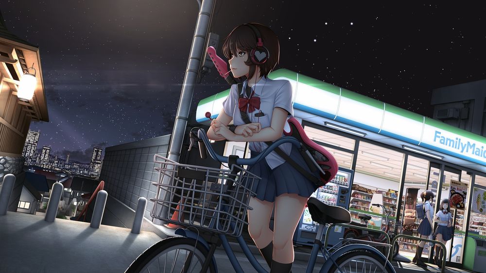 Обои для рабочего стола Японская школьница с гитарой за спиной стоит с велосипедом возле магазина поздним вечером, by Mochi