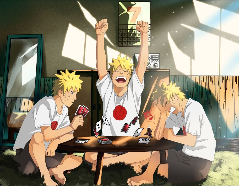 Обои для рабочего стола Uzumaki Naruto / Наруто Узумаки выиграл в карты у своих клонов из аниме Naruto / Наруто