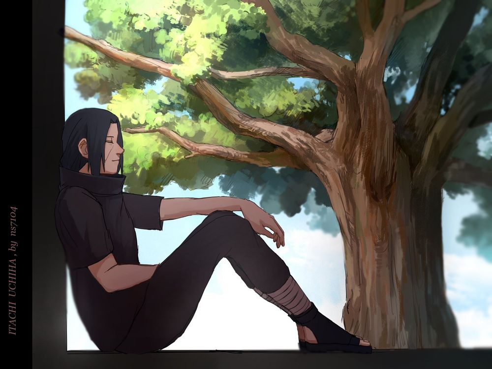 Обои для рабочего стола Uchiha Itachi / Учиха Итачи отдыхает рядом с большим деревом из аниме Наруто / Naruto, by ns7104