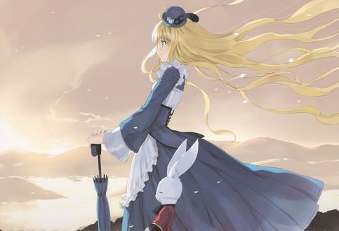 Обои на рабочий стол Aliсе / Алиса стоит с белым кроликом на фоне неба из сказки Alice in Wonderland / Алиса в стране чудес, by Ueda Ryou