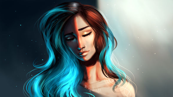 Обои на рабочий стол Девушка с голубыми волосами, by Minea Juntura