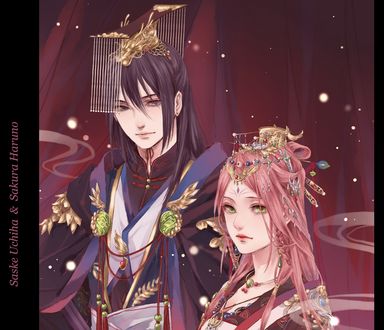 Обои на рабочий стол Uchiha Sasuke / Учиха Саске и Sakura Haruno / Сакура Харуно в китайских костюмах из аниме Наруто / Naruto