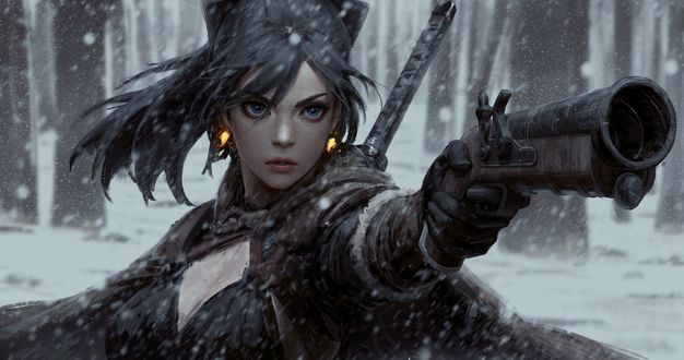 Обои на рабочий стол Девушка с оружием в руке под падающим снегом, by GUWEIZ