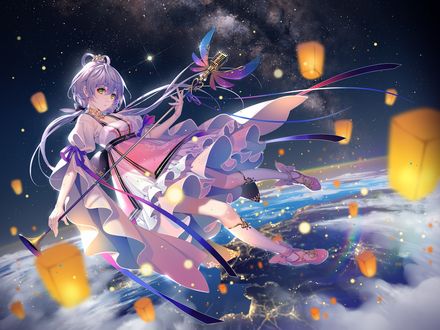 Обои на рабочий стол Vocaloid Xingchen / вокалоид Ксингчен с микрофоном парит в космосе над Землей среди бумажных фонариков