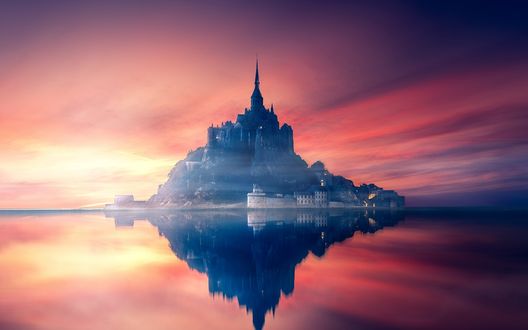 Обои на рабочий стол Аббатство Mont Saint-Michel, France / Мон-Сен-Мишель, Франция на закате дня