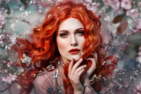 Обои на рабочий стол Модель Andrea Marie на размытом фоне весеннего цветения, фотограф Melanie Dietze