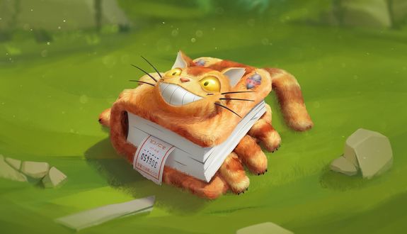 Обои на рабочий стол Котобус из аниме Мой сосед Тоторо / My Neighbor Totoro в виде блокнота, между страниц которого лежит билет, by Виталий Латыпов