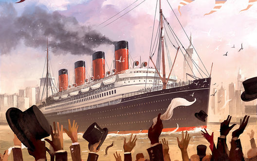 Обои на рабочий стол Восторженная толпа людей отправляет британский трансатлантический пароход Титаник / Titanic в его первый и последний рейс