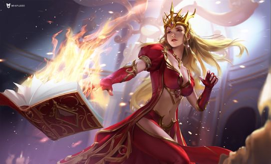 Обои на рабочий стол Принцесса с горящей книгой из игры King of Kings / Король королей, by 3Q STUDIO