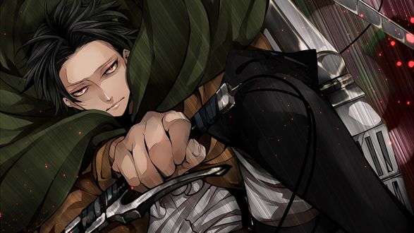 Обои на рабочий стол Леви Райвель / Levi Rivaille сражается из аниме Атака Титана / Attack on Titan / Shingeki no Kyojin