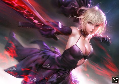 Обои на рабочий стол Saber Alter / Dark Saber / Сейбер Альтер из визуальной новеллы Fate / stay night, by Derrick Chew