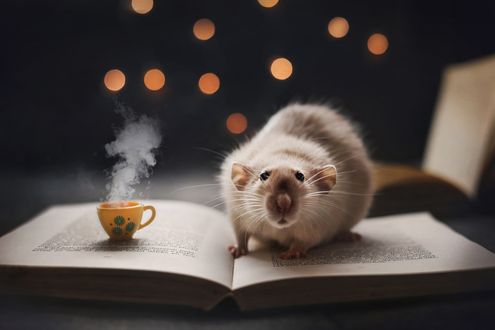 Обои на рабочий стол Крыса сидит на странице развернутой книги рядом с маленькой чашечкой с горячим напитком