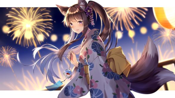 Обои на рабочий стол FoxGirl / девочка-лиса в кимоно с колокольчиком ветра в руке посреди фейерверков, by Teria Saga