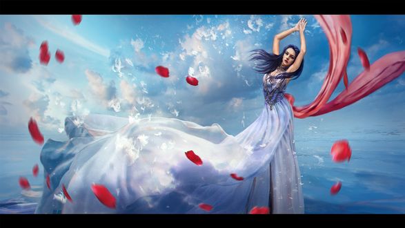 Обои на рабочий стол Девушка в развевающемся длинном платье, by daria-ridel