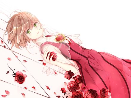 Обои на рабочий стол Сакура Киномото / Sakura Kinomoto в красном платье лежит среди алых роз из аниме Сакура собирательница карт / Cardcaptor Sakura