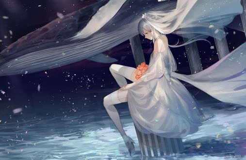 Обои на рабочий стол Вокалойд Luo Tianyi сидит на обломках колонны, вдали проплывает большой синий кит