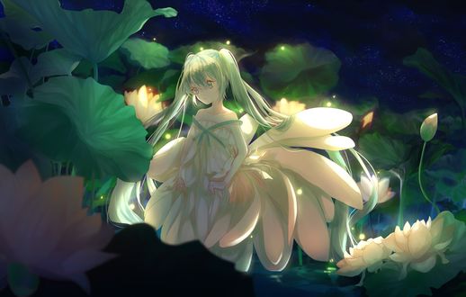 Обои на рабочий стол Vocaloid Hatsune Miku / вокалоид Хатсуне Мику стоит ночью среди белых цветов