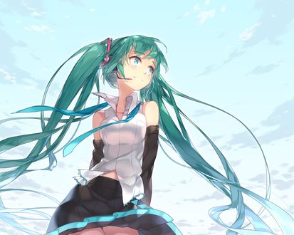 Обои на рабочий стол Vocaloid Hatsune Miku / вокалоид Хатсуне Мику на фоне голубого неба