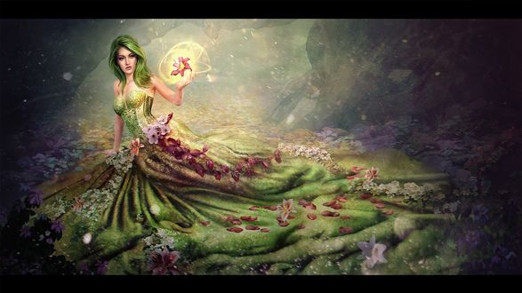Обои на рабочий стол Девушка в цветочном платье с цветком в руке, by Daria Ridel