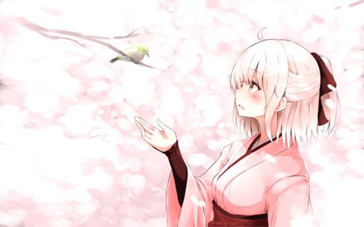 Обои на рабочий стол Сакура Сейбер / Sakura Saber из манги Fate / KOHA-ACE и сетевой RPG игры Fate / Grand Order, протягивает руку к птичке, автор оригинала Fuu