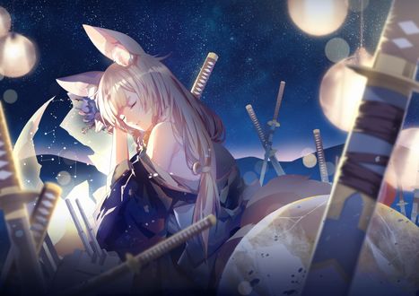 Обои на рабочий стол Fox Girl / девочка-лиса сидит с закрытыми глазами посреди поля с катами ночью