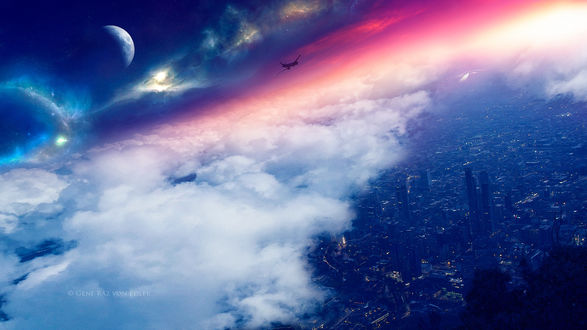 Обои на рабочий стол Работа Magical landing / магическая посадка, самолет в облаках над городом, by Gene Raz von Edler