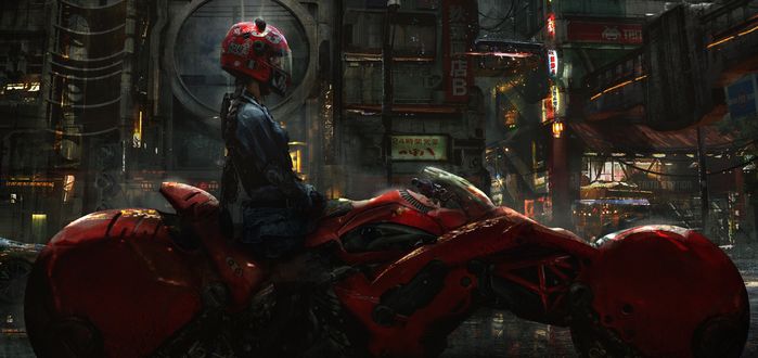 Обои на рабочий стол Biker Girl / Девушка-байкер на футуристическом мотоцикле в ночном городе, by Eddie Mendoza