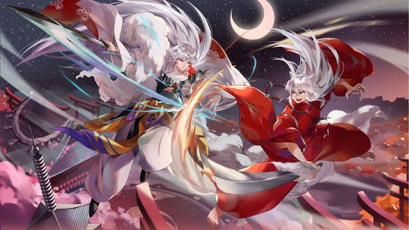 Обои на рабочий стол Братья демон Sesshomaru / Сесшомару и Inuyasha сражаются друг с другом ночью при лунном затмении из аниме Инуяша / InuYasha