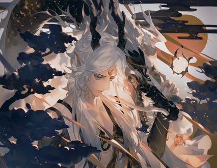 Обои на рабочий стол Японский жрец-екай с рогами во время исполнения ритуала, by Onmyouji Miko