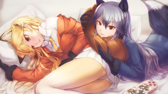 Обои на рабочий стол Ezo Red Fox / Kitakitsune и Silver Fox / Gingitsune из аниме и манги Ушастые друзья / Kemono Friends, автор Mact