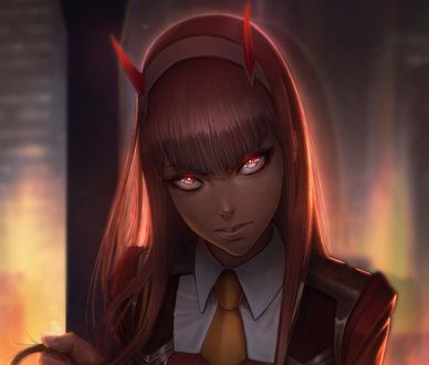 Обои на рабочий стол Zero Two / Зеро Ту с горящими глазами из аниме Darling in the FranXX / Милый во Франкcе