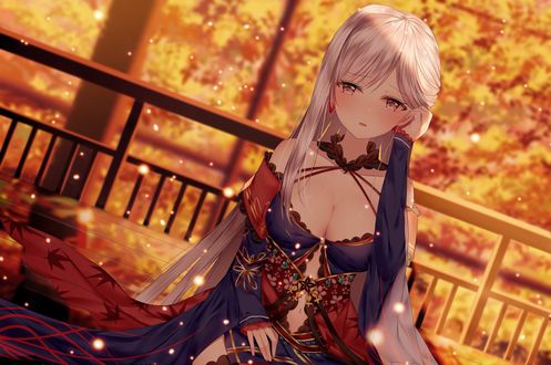 Обои на рабочий стол Персонаж Miyamoto Musashi из игры fate / grand order / судьба / великий порядок на фоне осенней природы