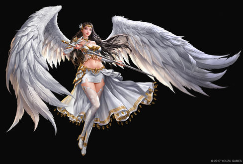 Обои на рабочий стол Девушка-ангел на темном фоне из игры League of Angels / Лига Ангелов, by dospi
