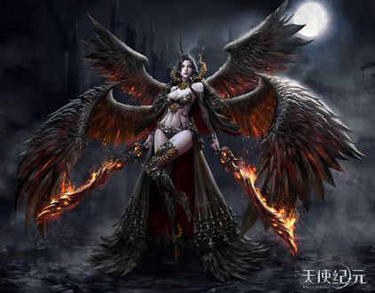 Обои на рабочий стол Девушка-ангел лунной ночью из игры Era of angels / Эра ангелов, by dospi
